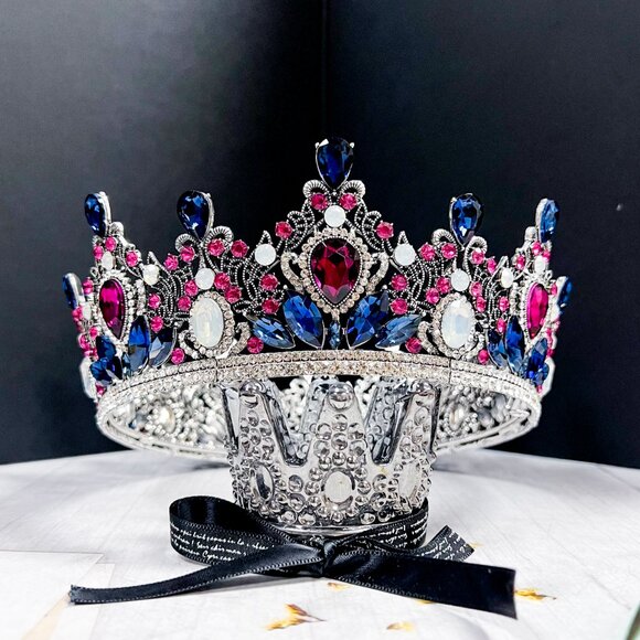Purple Crown, Royal Queen Crown, Princess Birthday Crown, Blue Crystal Crown - Picture 3 of 9